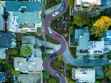 Aerial View of a Winding Road and Residential Buildings in San Francisco